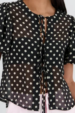 Shasa Polka Dot Puff Sleeve Top with Bow Detail