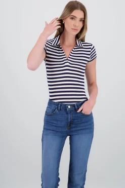 Shasa Polo Neck Short Sleeve Striped Bodysuit