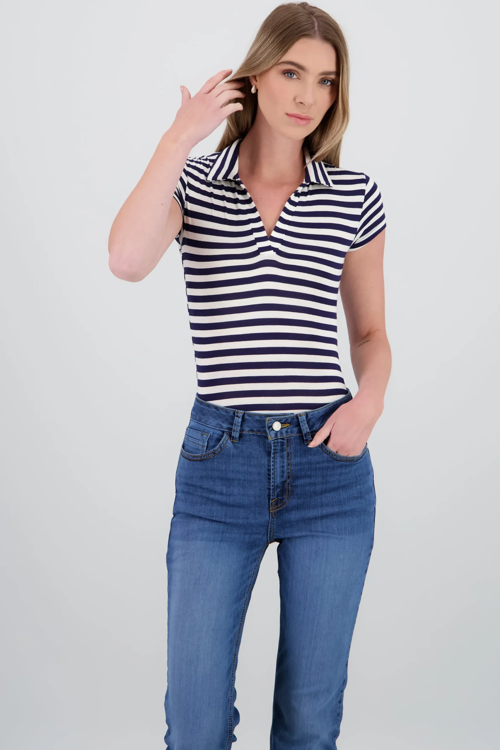 Shasa Polo Neck Short Sleeve Striped Bodysuit