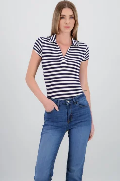 Shasa Polo Neck Short Sleeve Striped Bodysuit