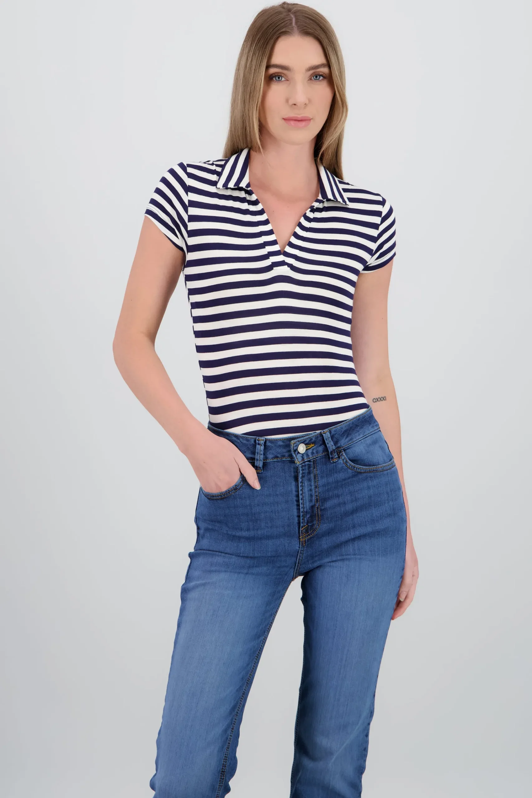 Shasa Polo Neck Short Sleeve Striped Bodysuit