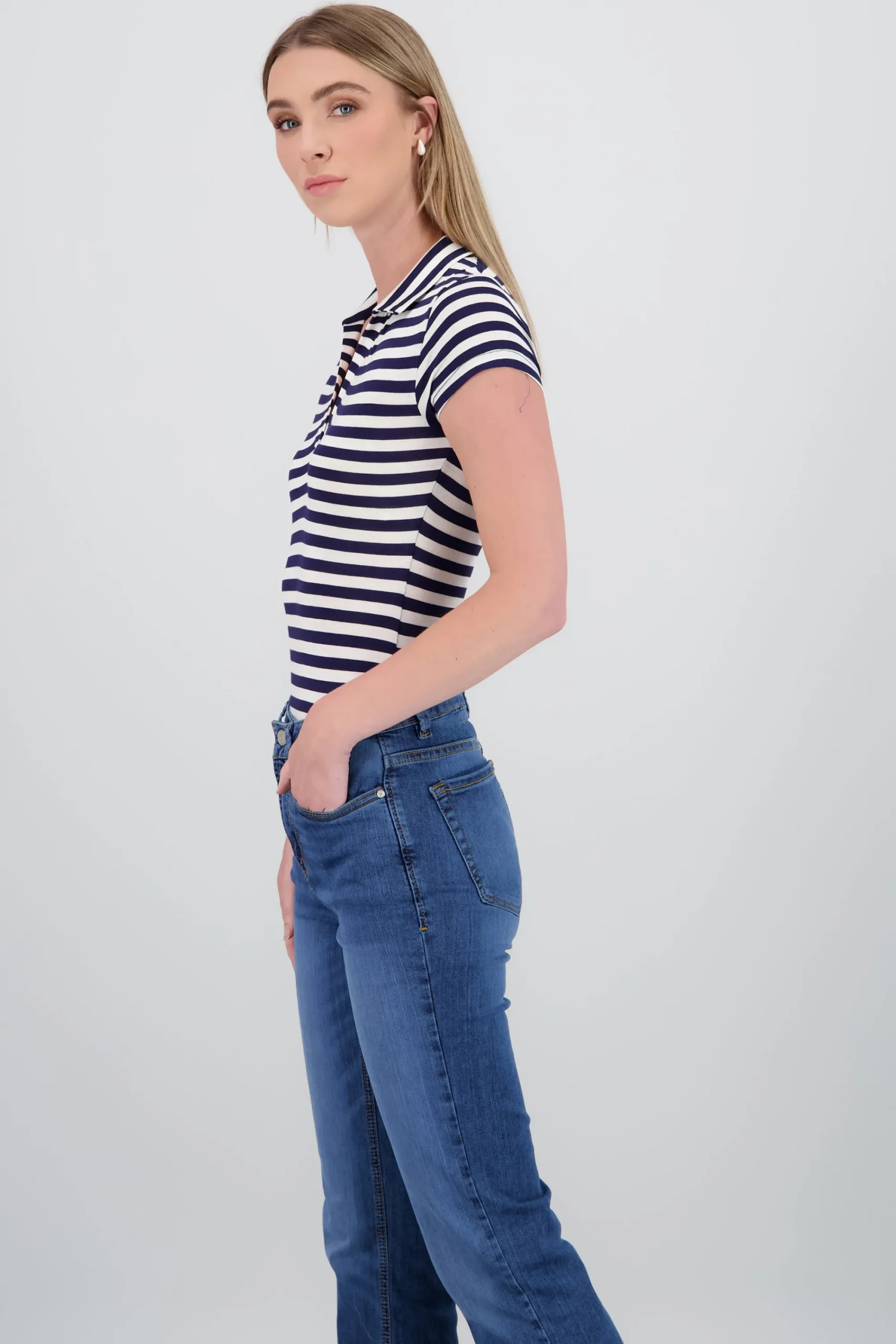 Shasa Polo Neck Short Sleeve Striped Bodysuit