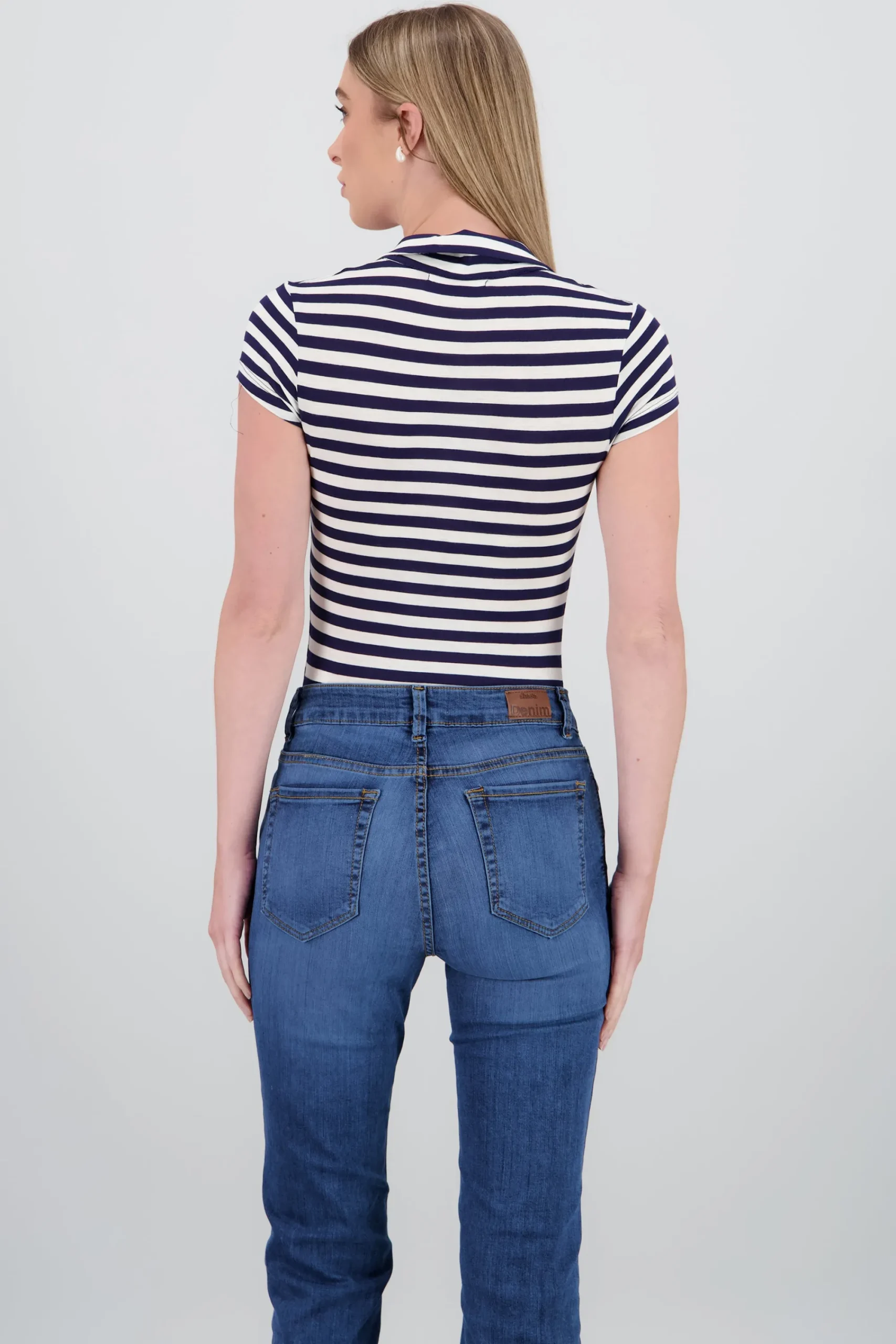Shasa Polo Neck Short Sleeve Striped Bodysuit