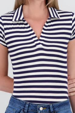 Shasa Polo Neck Short Sleeve Striped Bodysuit