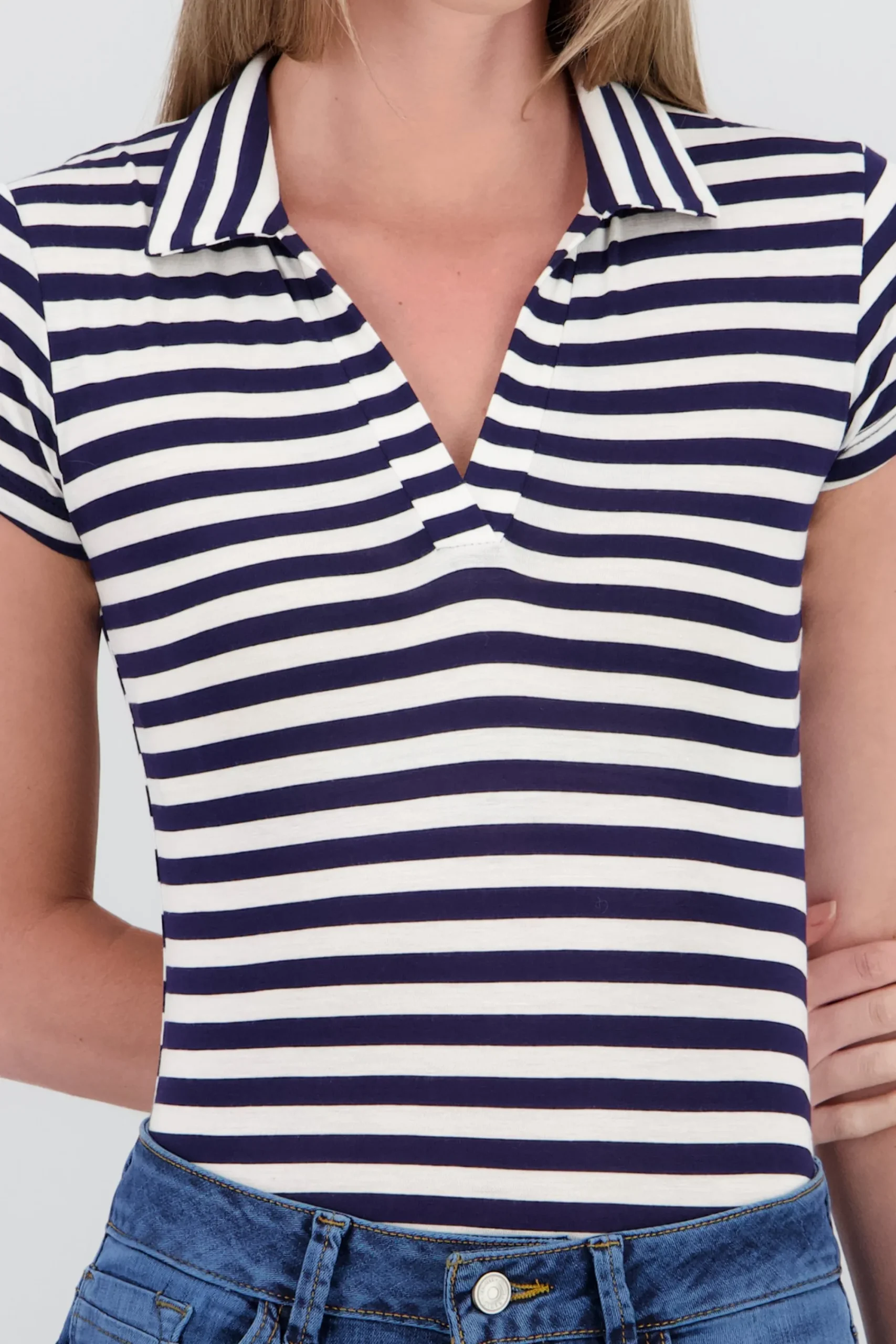 Shasa Polo Neck Short Sleeve Striped Bodysuit