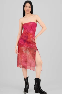 Shasa Printed Strapless Mesh Midi Dress