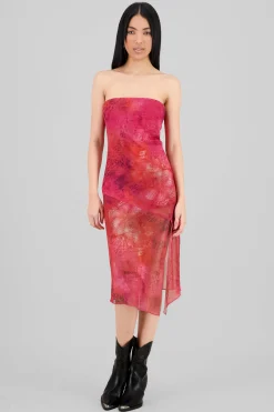 Shasa Printed Strapless Mesh Midi Dress