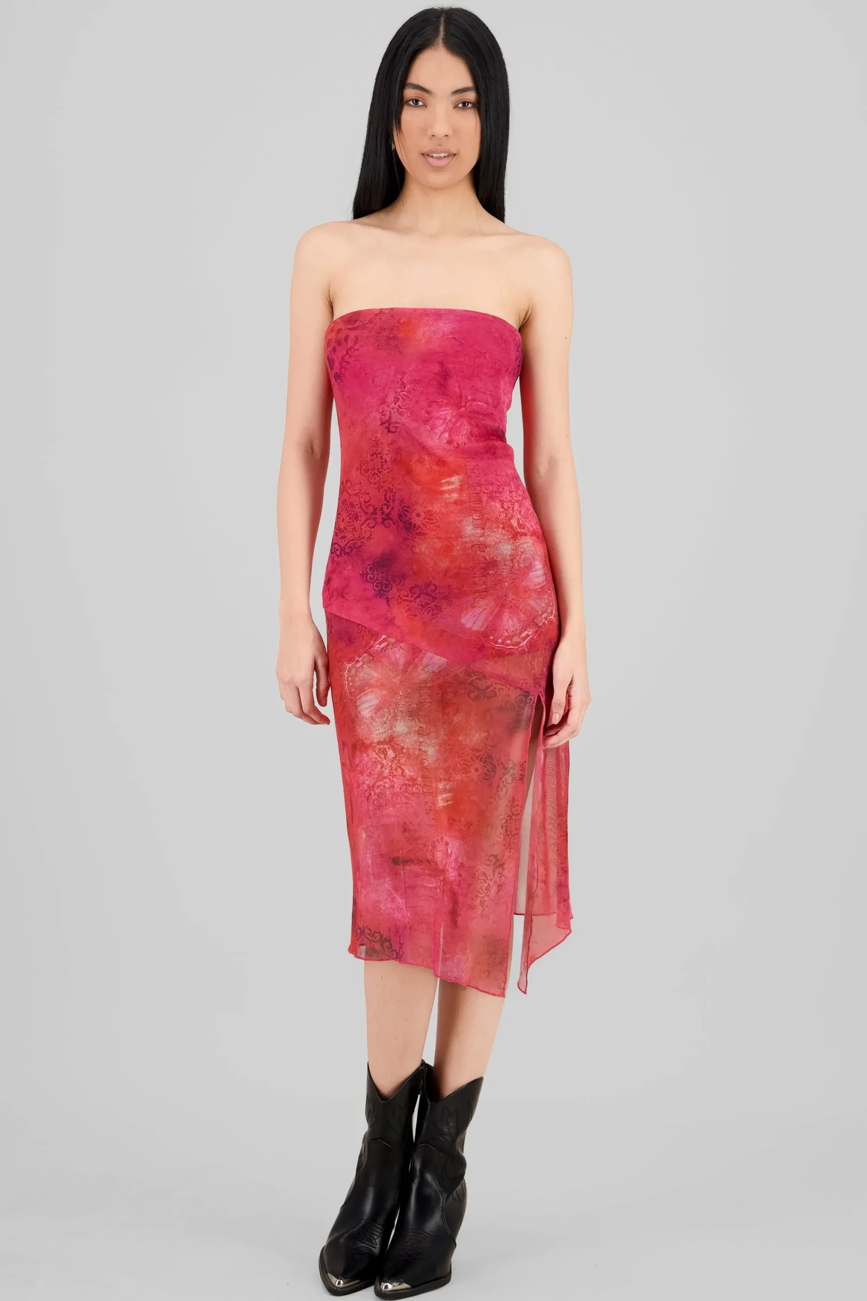 Shasa Printed Strapless Mesh Midi Dress