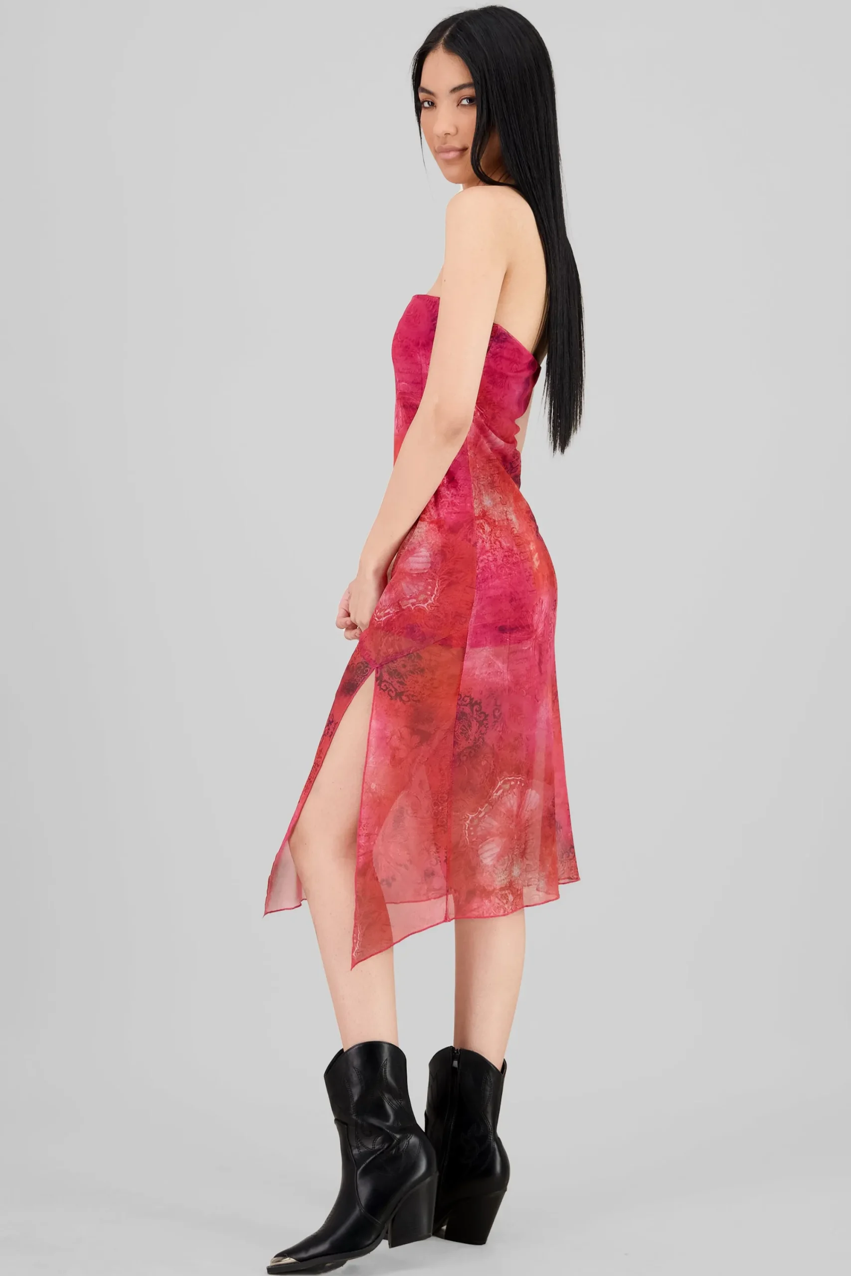 Shasa Printed Strapless Mesh Midi Dress