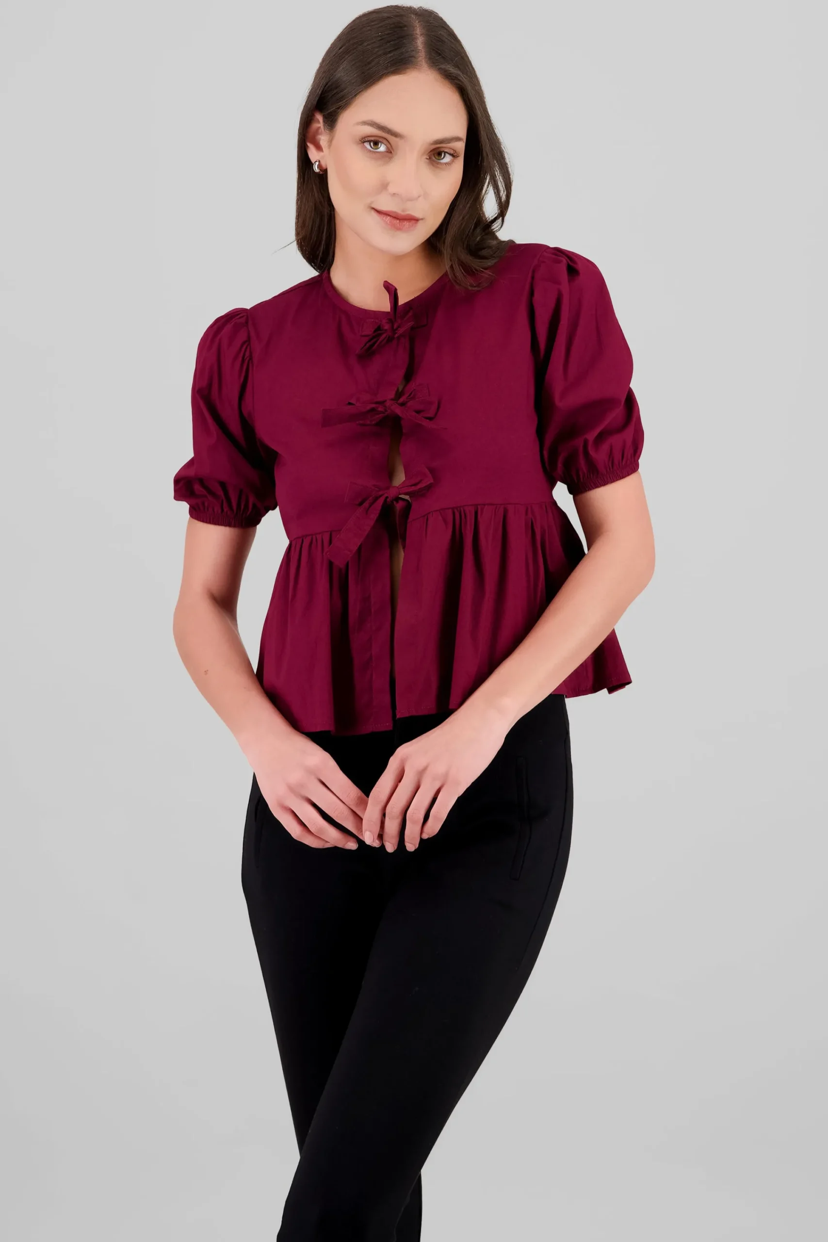 Shasa Puff Sleeve Blouse With Bow Detail