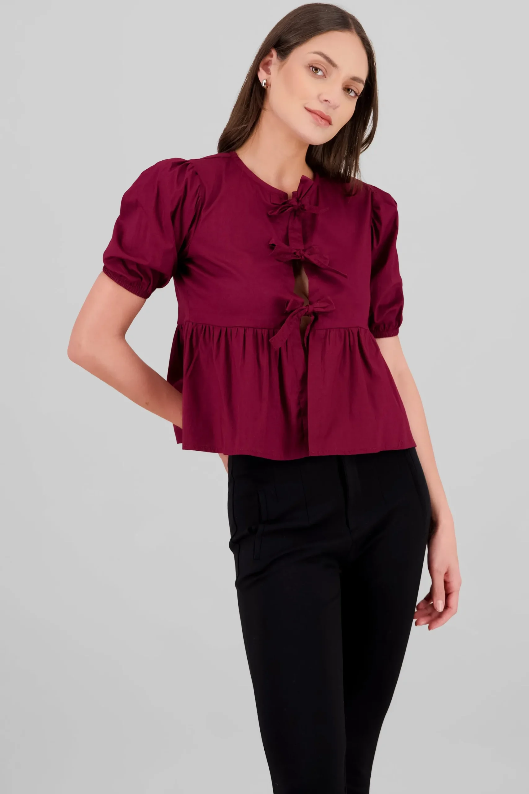 Shasa Puff Sleeve Blouse With Bow Detail