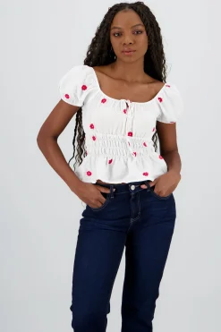 Shasa Puff Sleeve Blouse with Floral Embroidery