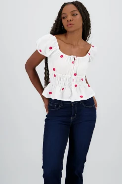 Shasa Puff Sleeve Blouse with Floral Embroidery