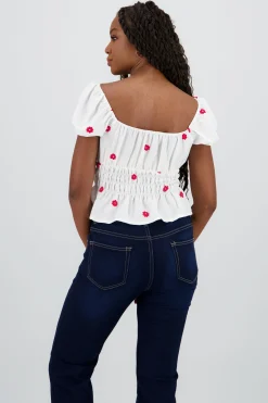 Shasa Puff Sleeve Blouse with Floral Embroidery