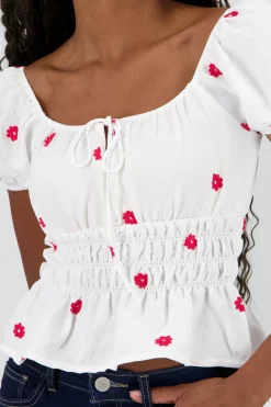 Shasa Puff Sleeve Blouse with Floral Embroidery
