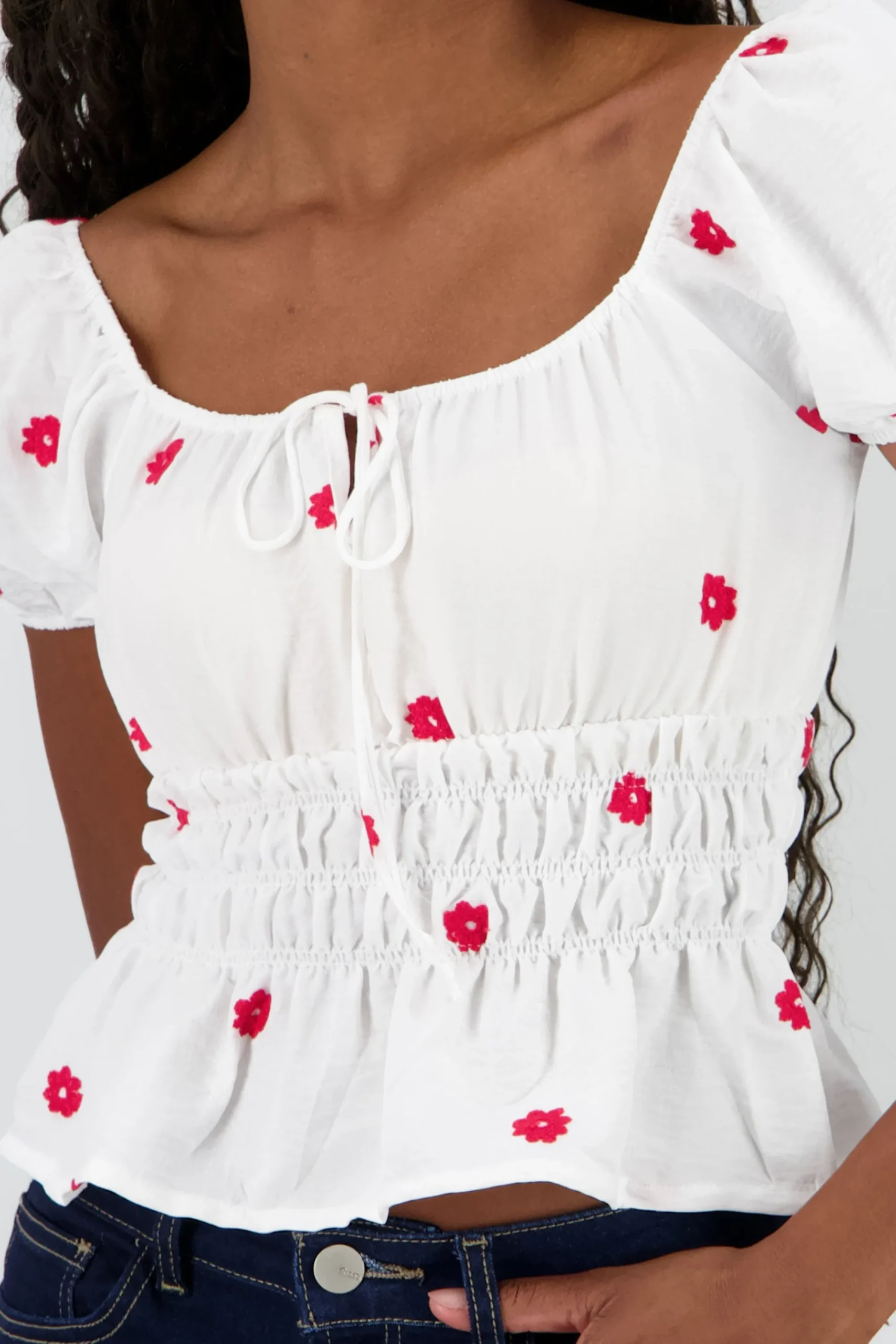 Shasa Puff Sleeve Blouse with Floral Embroidery