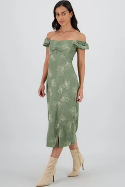 Shasa Puff Sleeve Ruched Midi Dress