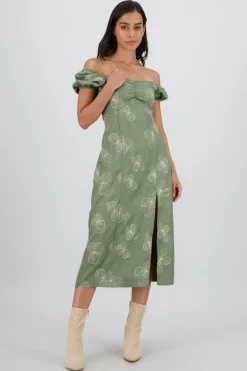 Shasa Puff Sleeve Ruched Midi Dress
