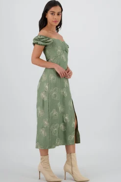 Shasa Puff Sleeve Ruched Midi Dress