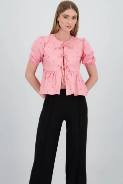 Shasa Puff Sleeve Top with Ruffle and Bow Detail