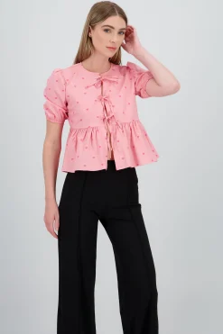 Shasa Puff Sleeve Top with Ruffle and Bow Detail