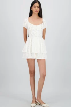 Shasa Puff Sleeves Romper with Textured Ruffles