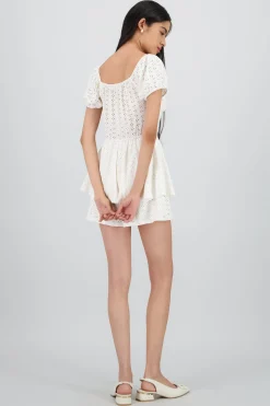 Shasa Puff Sleeves Romper with Textured Ruffles