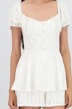 Shasa Puff Sleeves Romper with Textured Ruffles