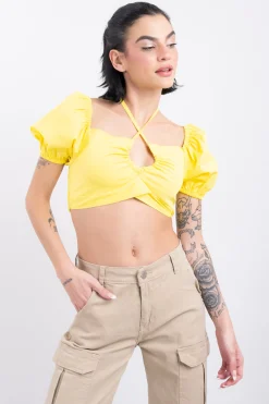Shasa Puffed Sleeve Halter Crop Blouse