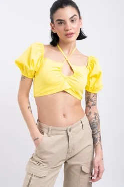 Shasa Puffed Sleeve Halter Crop Blouse