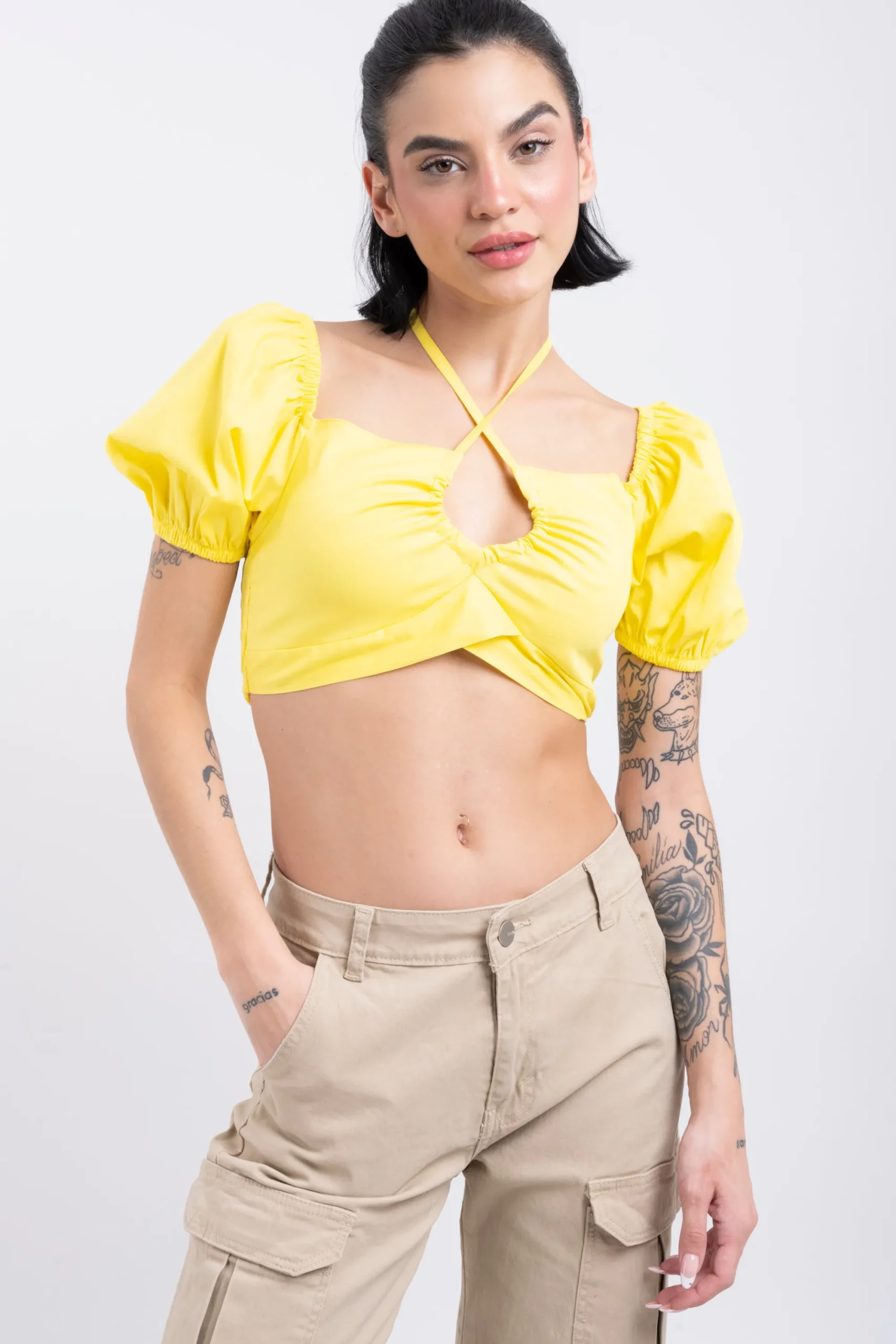 Shasa Puffed Sleeve Halter Crop Blouse