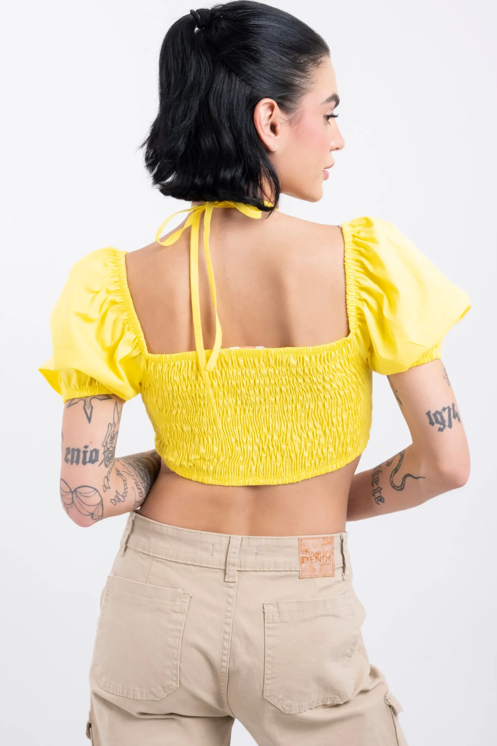 Shasa Puffed Sleeve Halter Crop Blouse
