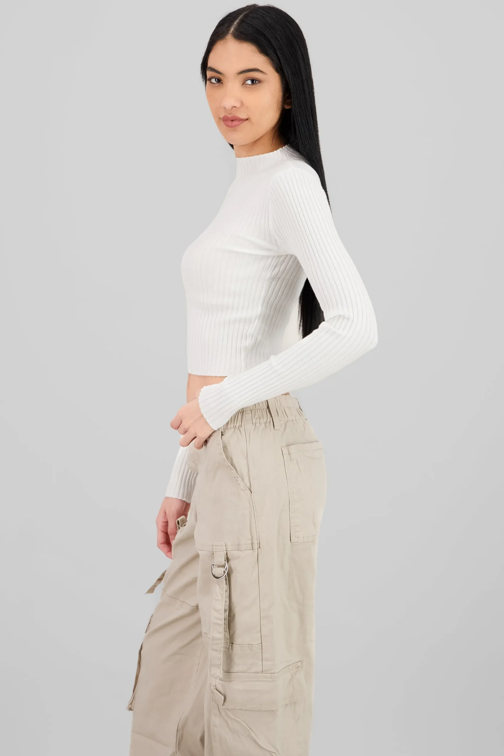 Shasa Ribbed High Neck Long Sleeve Top
