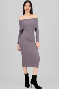 Shasa Ribbed Off Shoulder Midi Dress