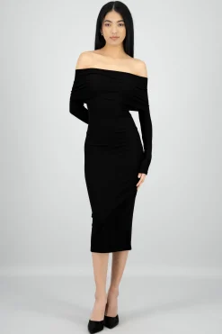 Shasa Ribbed Off Shoulder Midi Dress