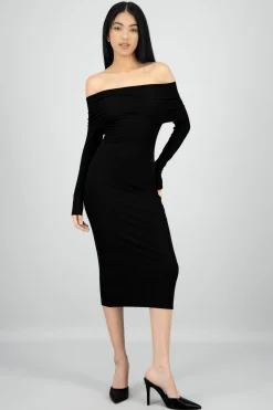 Shasa Ribbed Off Shoulder Midi Dress