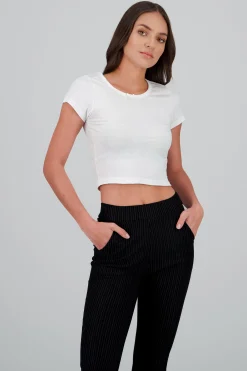 Shasa Ribbed Short Sleeve Top with Bow