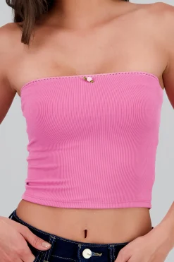 Shasa Rose Detail Ribbed Strapless Top