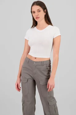 Shasa Round Neck and Short Sleeves Ribbed Top
