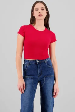 Shasa Round Neck and Short Sleeves Ribbed Top