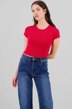 Shasa Round Neck and Short Sleeves Ribbed Top