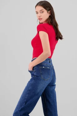 Shasa Round Neck and Short Sleeves Ribbed Top