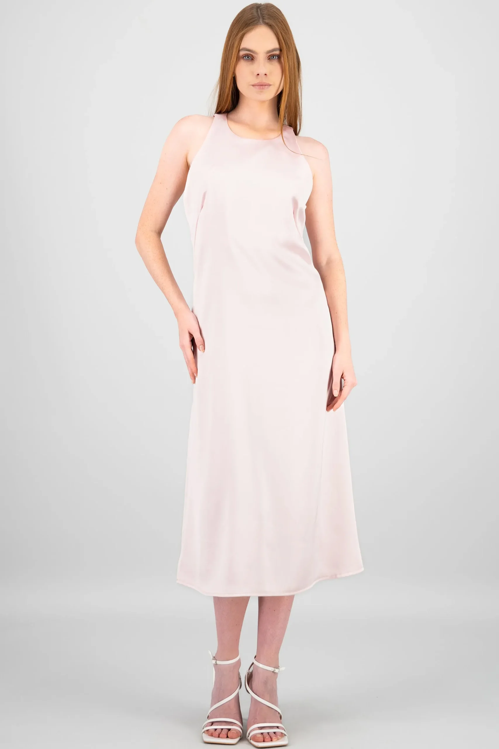 Shasa Round Neck Satin Midi Dress