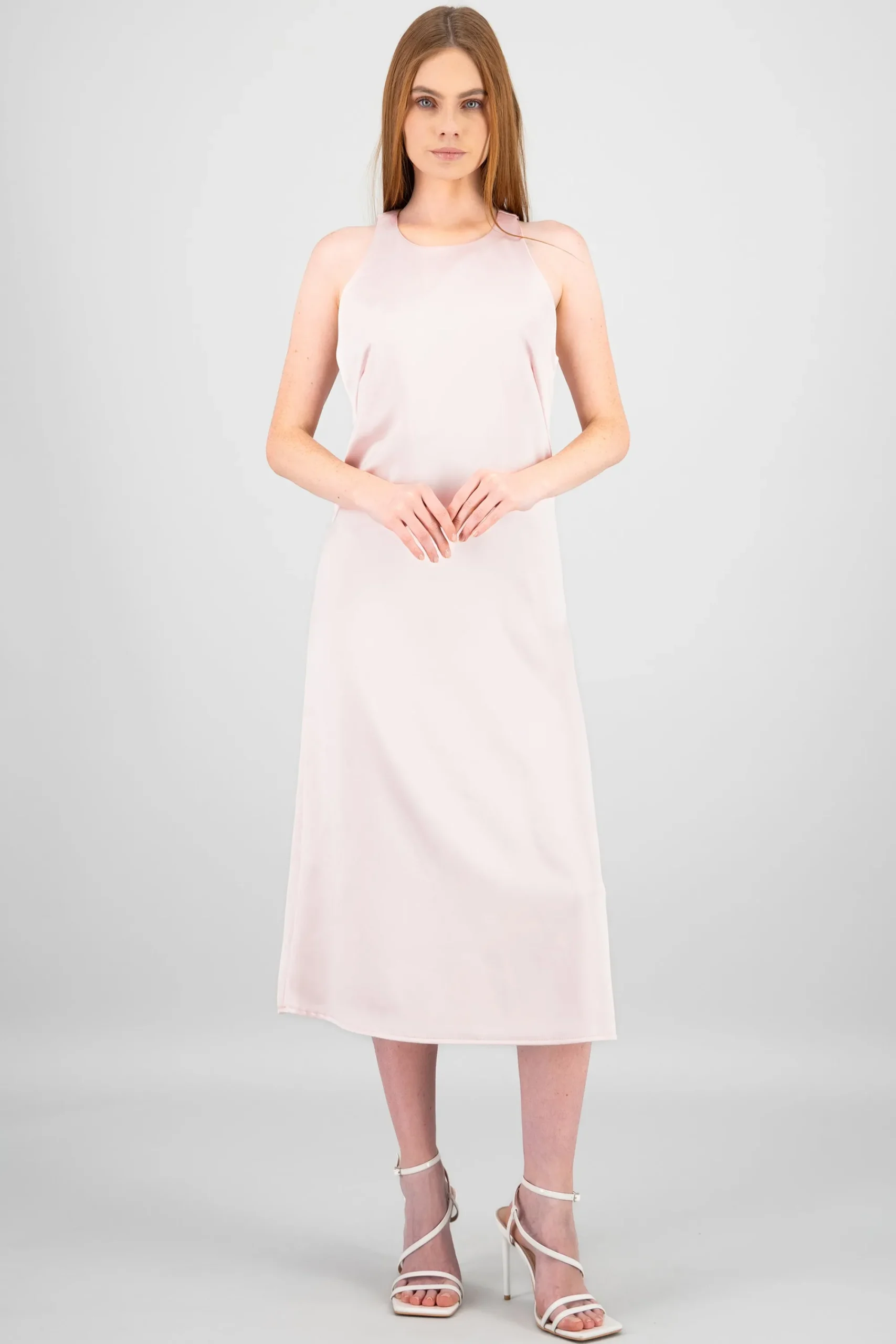 Shasa Round Neck Satin Midi Dress
