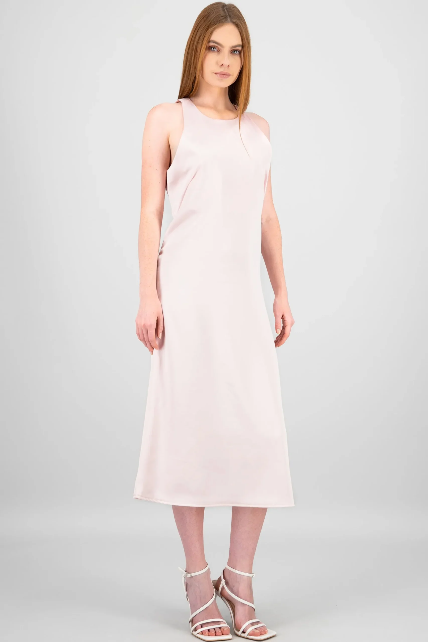 Shasa Round Neck Satin Midi Dress