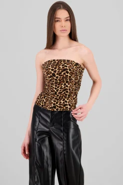 Shasa Ruched Animal Print Strapless Top