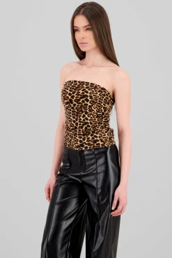 Shasa Ruched Animal Print Strapless Top