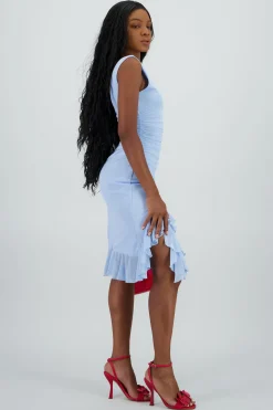 Shasa Ruched Dress with Mesh Ruffle Details