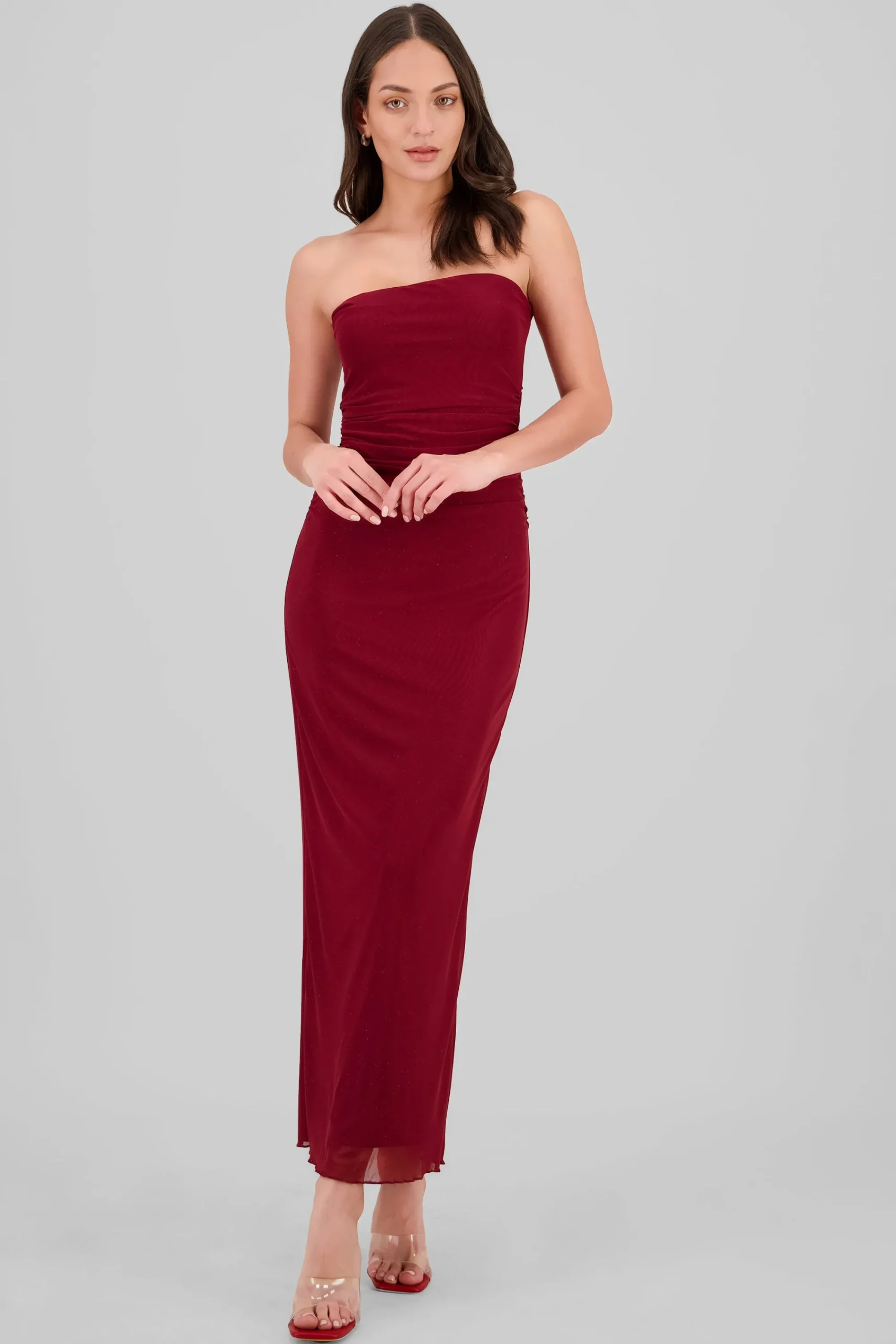 Shasa Ruched Mesh Strapless Dress