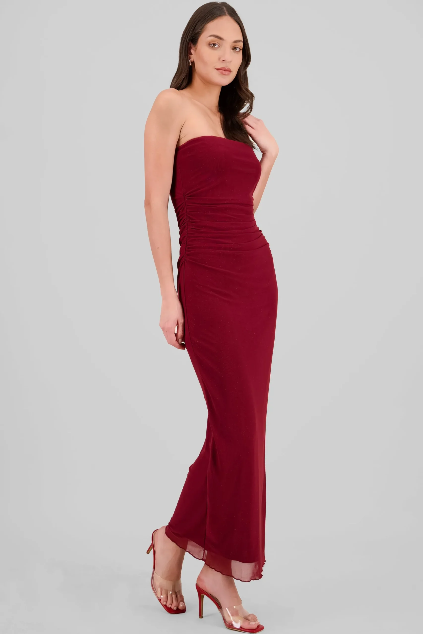 Shasa Ruched Mesh Strapless Dress
